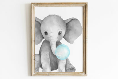 Elephant Bubblegum Print, Safari Animal Nursery Decor, Cute Animal Art - WildfieldPrints
