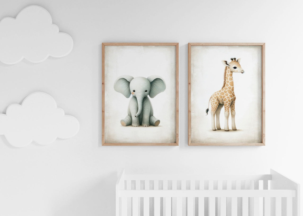 Elephant & Lion Wall Art – Safari Nursery Print • Set of 2