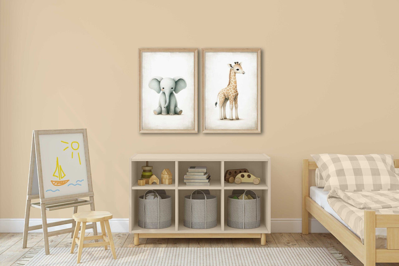 Elephant & Lion Wall Art – Safari Nursery Print • Set of 2