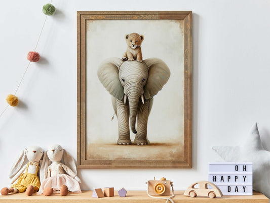 Elephant & Lion Nursery Wall Art, Safari Animal Room Decor, Cute Prints - WildfieldPrints