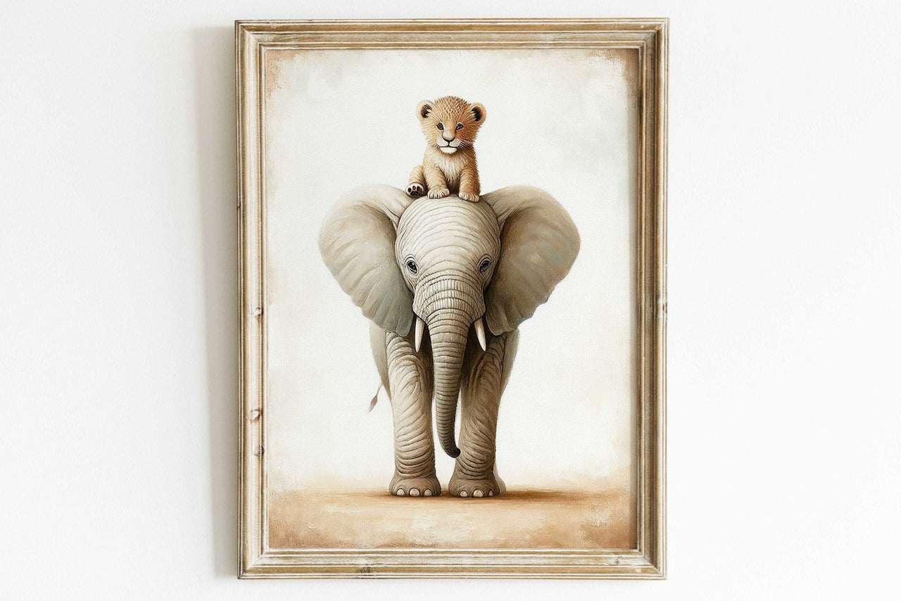 Lion and Elephant Wall Art – Safari Boys Room Print