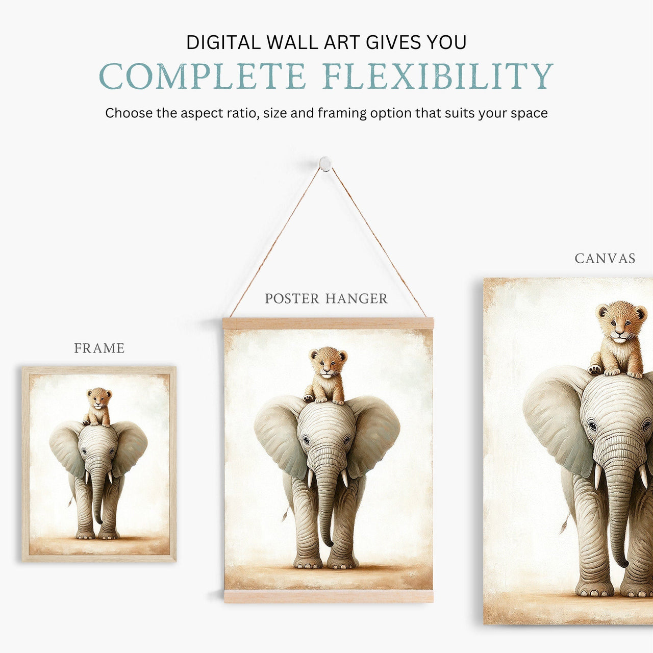 Lion and Elephant Wall Art – Safari Boys Room Print