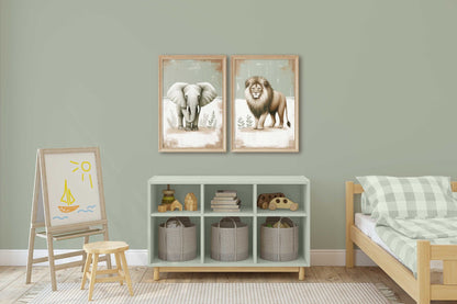 Elephant & Lion Nursery Wall Art, Safari Animal Room Decor, Vintage Prints - WildfieldPrints