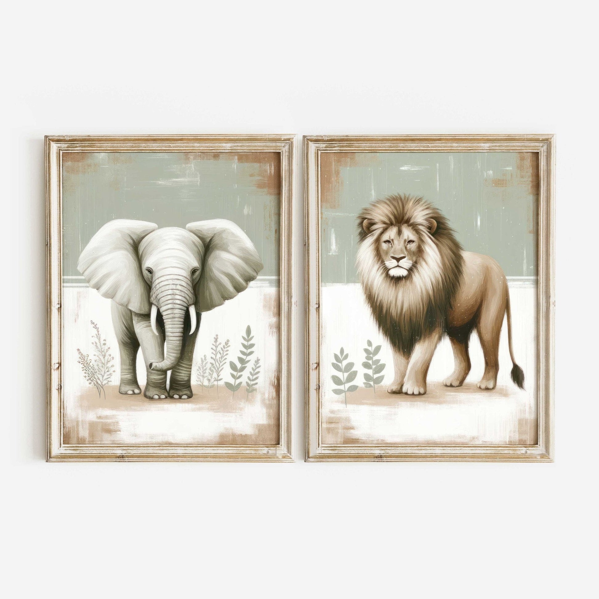 Elephant & Lion Nursery Wall Art, Safari Animal Room Decor, Vintage Prints - WildfieldPrints