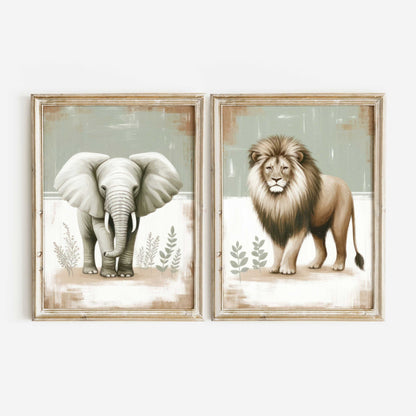 Elephant & Lion Nursery Wall Art, Safari Animal Room Decor, Vintage Prints - WildfieldPrints