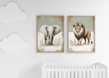 Elephant & Lion Nursery Wall Art, Safari Animal Room Decor, Vintage Prints - WildfieldPrints