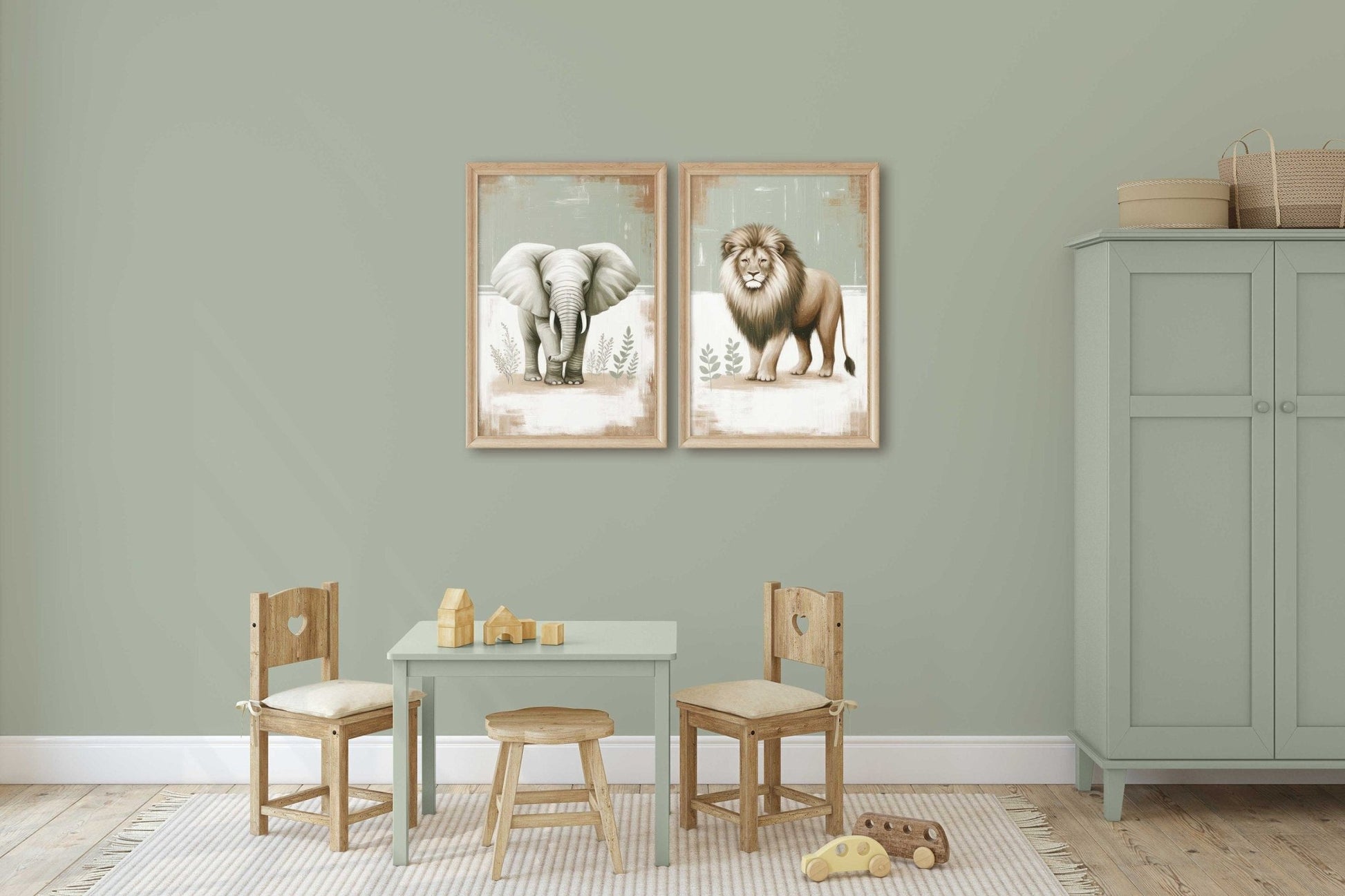 Elephant & Lion Nursery Wall Art, Safari Animal Room Decor, Vintage Prints - WildfieldPrints