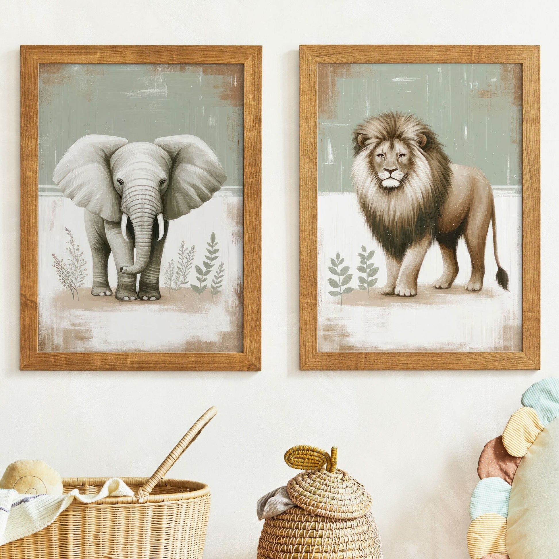Elephant & Lion Nursery Wall Art, Safari Animal Room Decor, Vintage Prints - WildfieldPrints