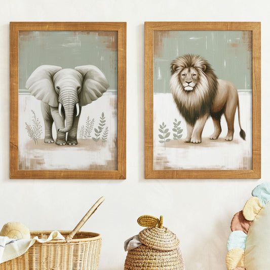 Elephant & Lion Nursery Wall Art, Safari Animal Room Decor, Vintage Prints - WildfieldPrints