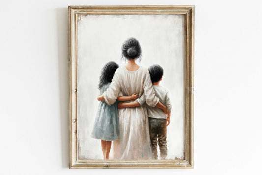 Embrace of Love: Vintage Mother and Children Wall Art, Minimalist Decor - WildfieldPrints