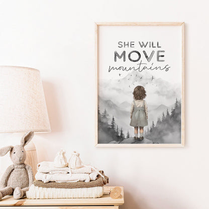 Empowering Girls Nursery Decor, She Will Move Mountains, Quote Print - WildfieldPrints