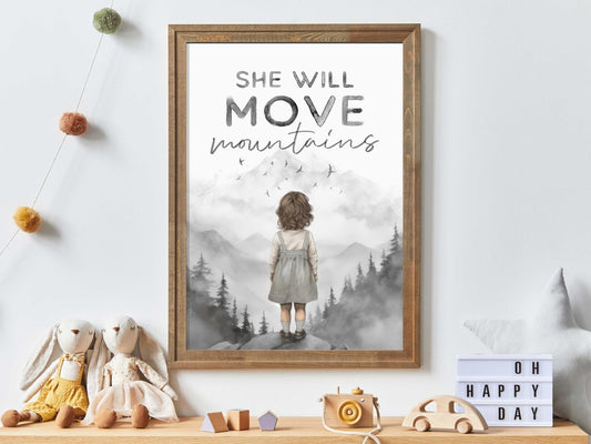 Empowering Girls Nursery Decor, She Will Move Mountains, Quote Print - WildfieldPrints