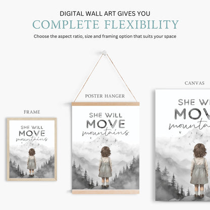 Empowering Girls Nursery Decor, She Will Move Mountains, Quote Print - WildfieldPrints
