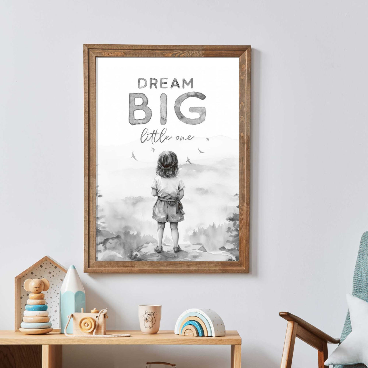 Girl on Mountain Ledge Wall Art – Inspirational Kids Room Print