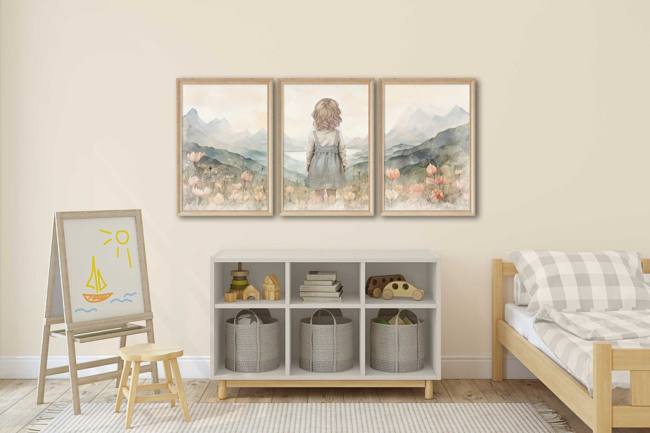 Blonde Girl Wall Art – Floral Nursery Print • Set of 3