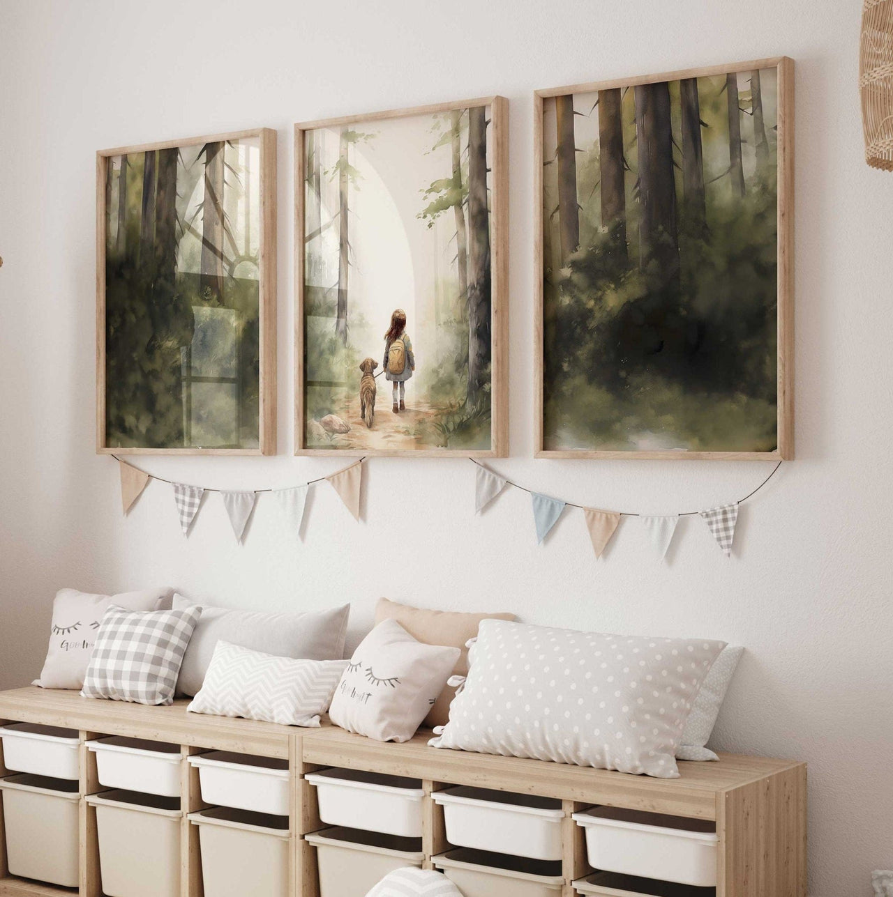 Girl and Dog Triptych Wall Art – Adventure Girls Room Decor • Set of 3