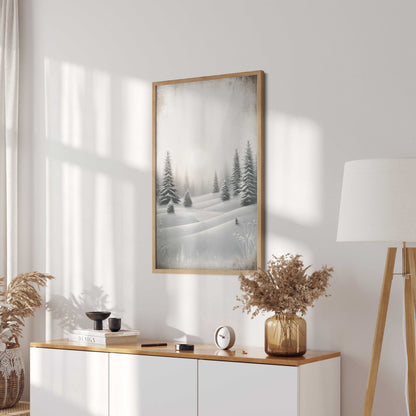 Enchanting Winter Landscape, Vintage Snowy Forest & Sun Wall Decor - WildfieldPrints