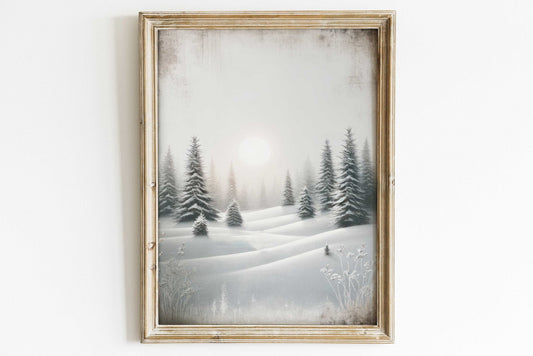 Enchanting Winter Landscape, Vintage Snowy Forest & Sun Wall Decor - WildfieldPrints