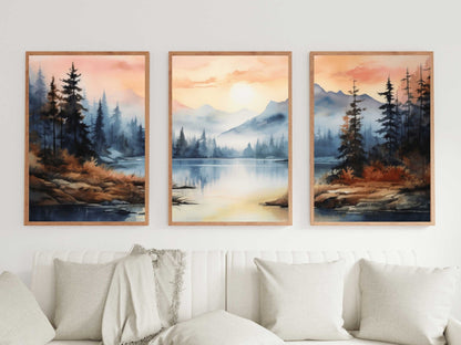Fall Forest Wall Decor, Sunset Landscape Painting, Vintage Watercolor Art - WildfieldPrints