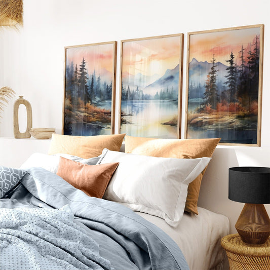 Fall Forest Wall Decor, Sunset Landscape Painting, Vintage Watercolor Art - WildfieldPrints