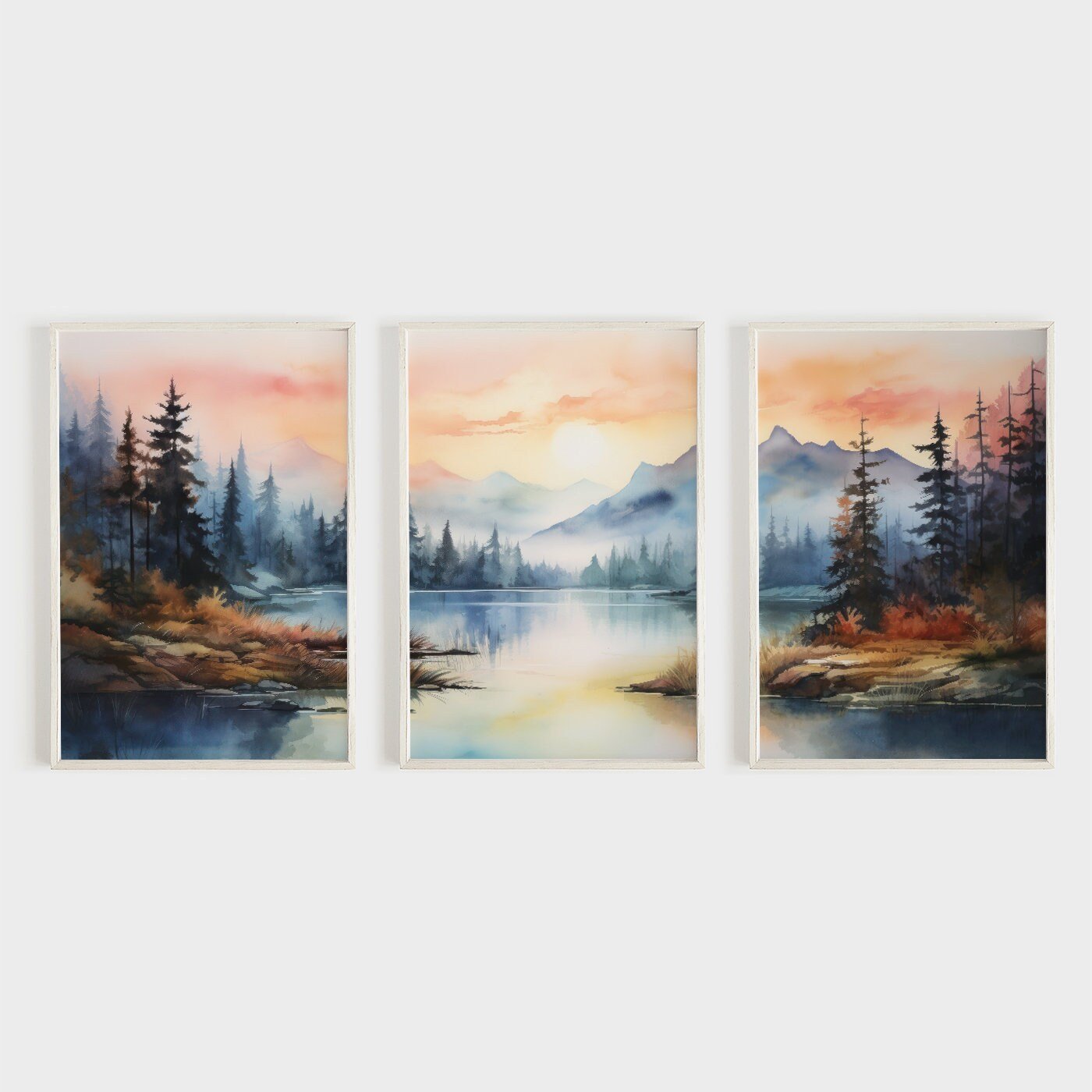 Fall Forest Wall Decor, Sunset Landscape Painting, Vintage Watercolor Art - WildfieldPrints