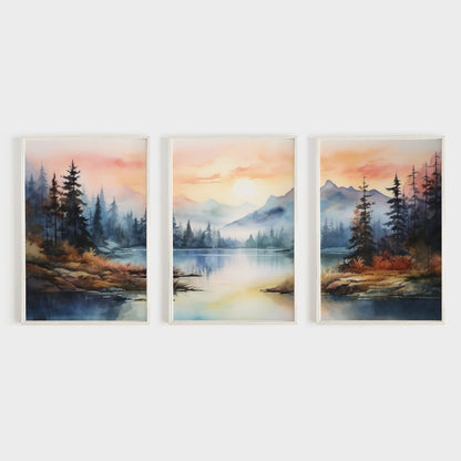Fall Forest Wall Decor, Sunset Landscape Painting, Vintage Watercolor Art - WildfieldPrints