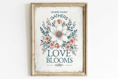 Family Quote Print, Vintage Wall Art, Rustic Kitchen Decor, Floral Design - WildfieldPrints