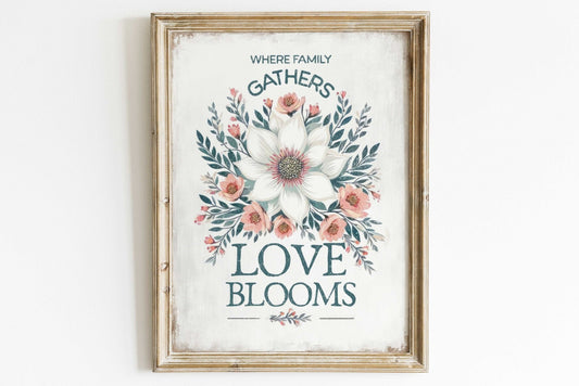 Family Quote Print, Vintage Wall Art, Rustic Kitchen Decor, Floral Design - WildfieldPrints