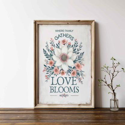 Family Quote Print, Vintage Wall Art, Rustic Kitchen Decor, Floral Design - WildfieldPrints