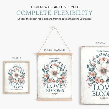 Family Quote Print, Vintage Wall Art, Rustic Kitchen Decor, Floral Design - WildfieldPrints