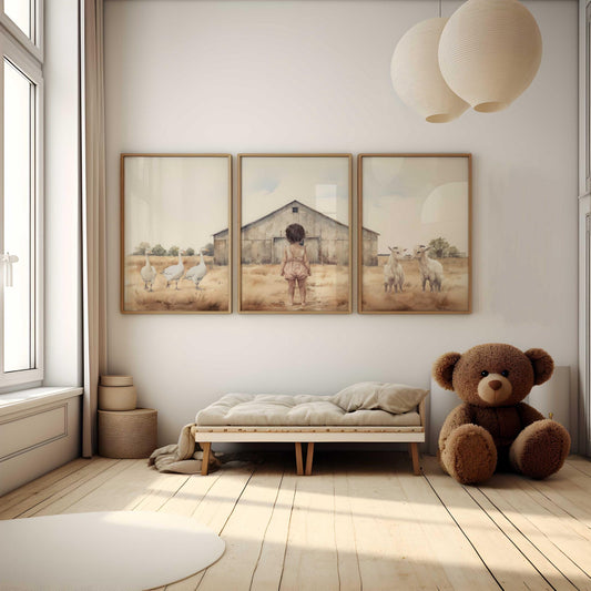 Farm Animal Wall Art – Animal Nursery Print for Girls Room • Set of 3