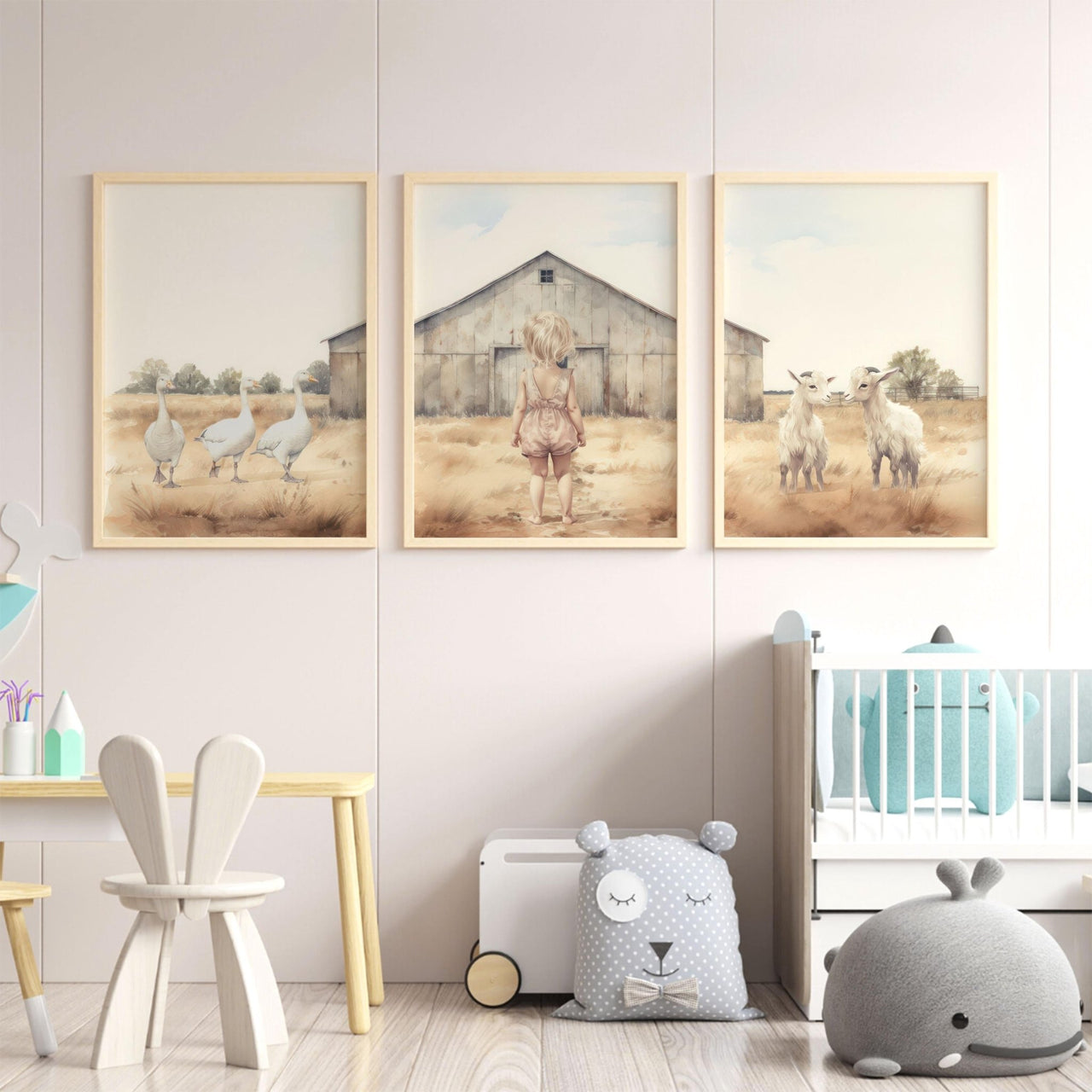Geese and Goats Print – Farm Nursery Wall Art • Set of 3