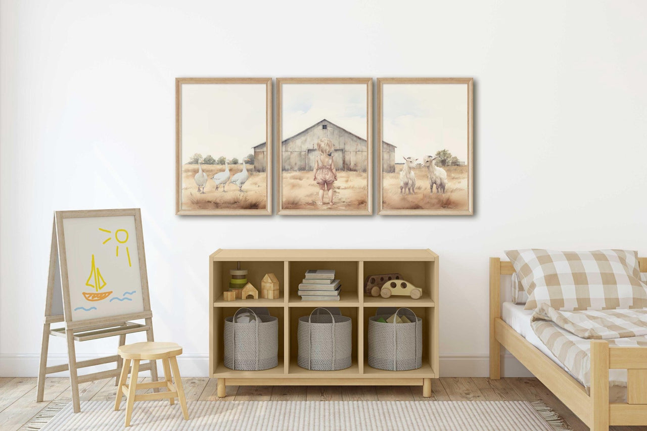 Geese and Goats Print – Farm Nursery Wall Art • Set of 3