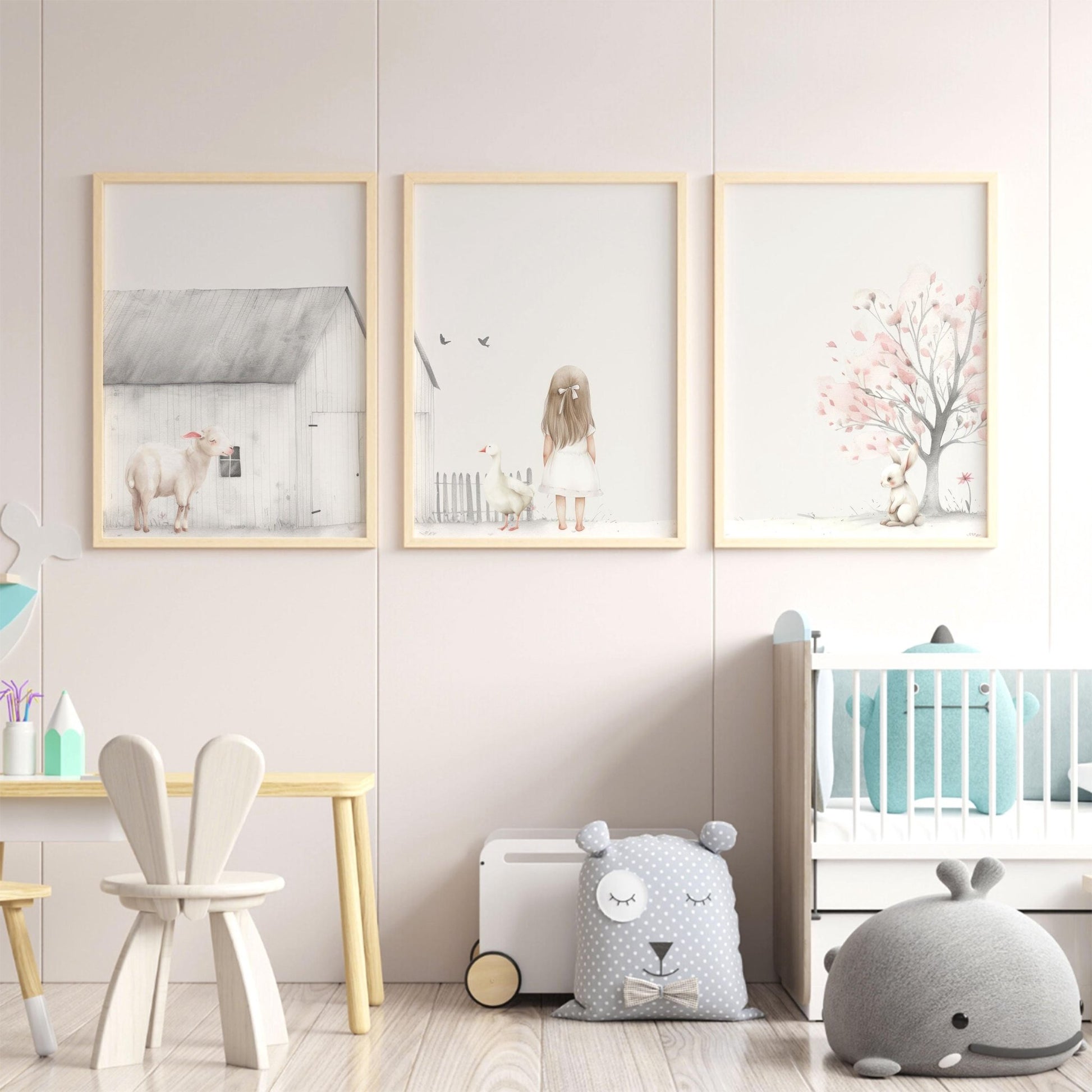 Farm Animal Nursery Decor, Little Farm Girl, Goose, Lamb & Bunny - WildfieldPrints