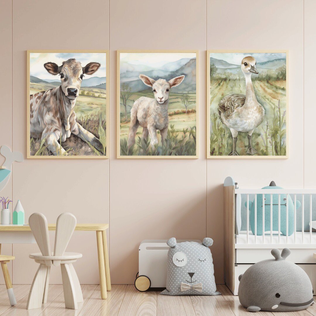 Cow Sheep Goose Wall Art – Farm Kids Room Print • Set of 3