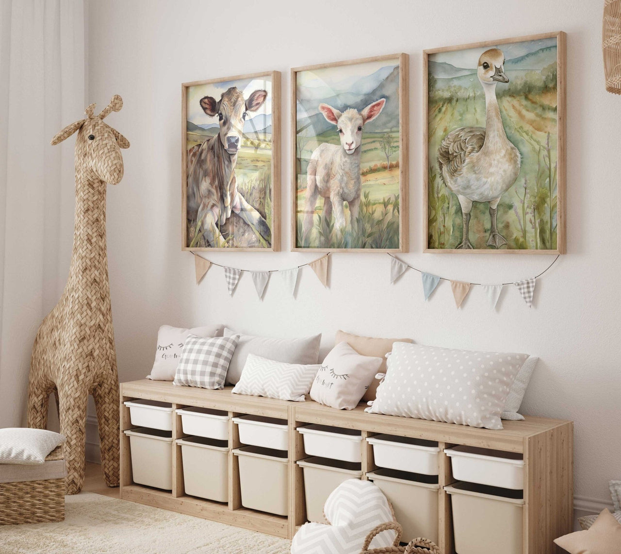 Cow Sheep Goose Wall Art – Farm Kids Room Print • Set of 3