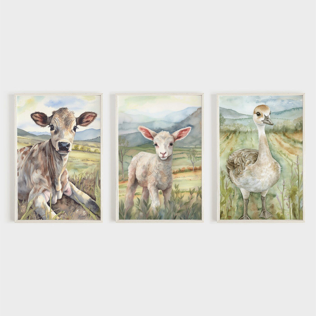 Cow Sheep Goose Wall Art – Farm Kids Room Print • Set of 3
