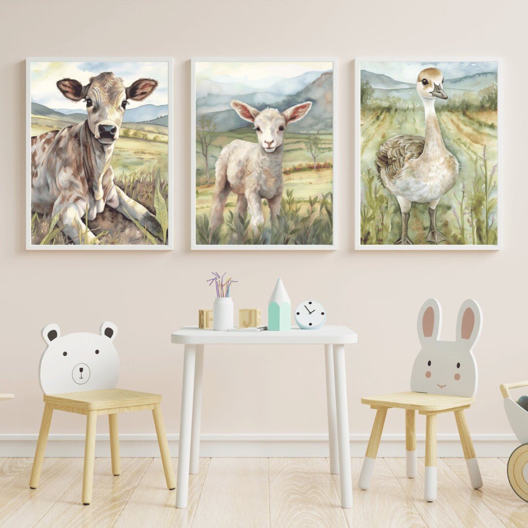 Cow Sheep Goose Wall Art – Farm Kids Room Print • Set of 3
