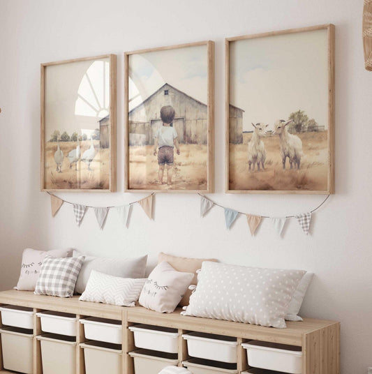 Farm Animal Print, Rustic Boys Room Decor, Goats & Geese Artwork - WildfieldPrints