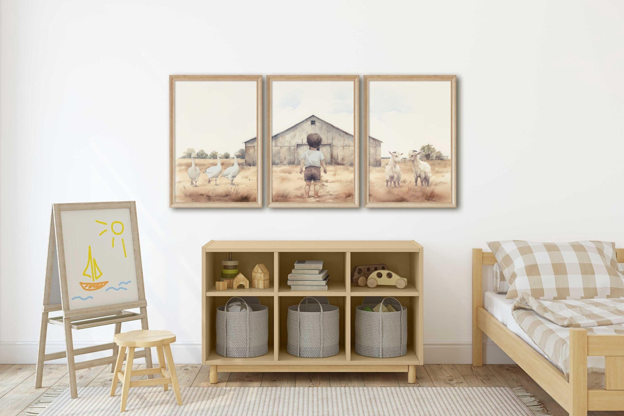 Goats & Geese Wall Art – Farm Boys Room Print • Set of 3
