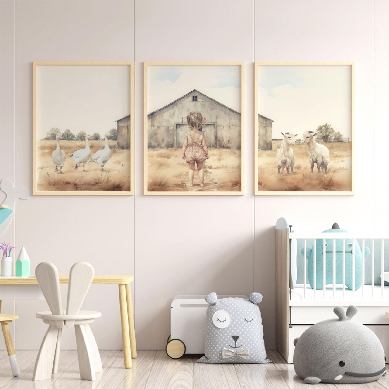 Goat and Goose Wall Art – Farm Nursery Print for Girls • Set of 3