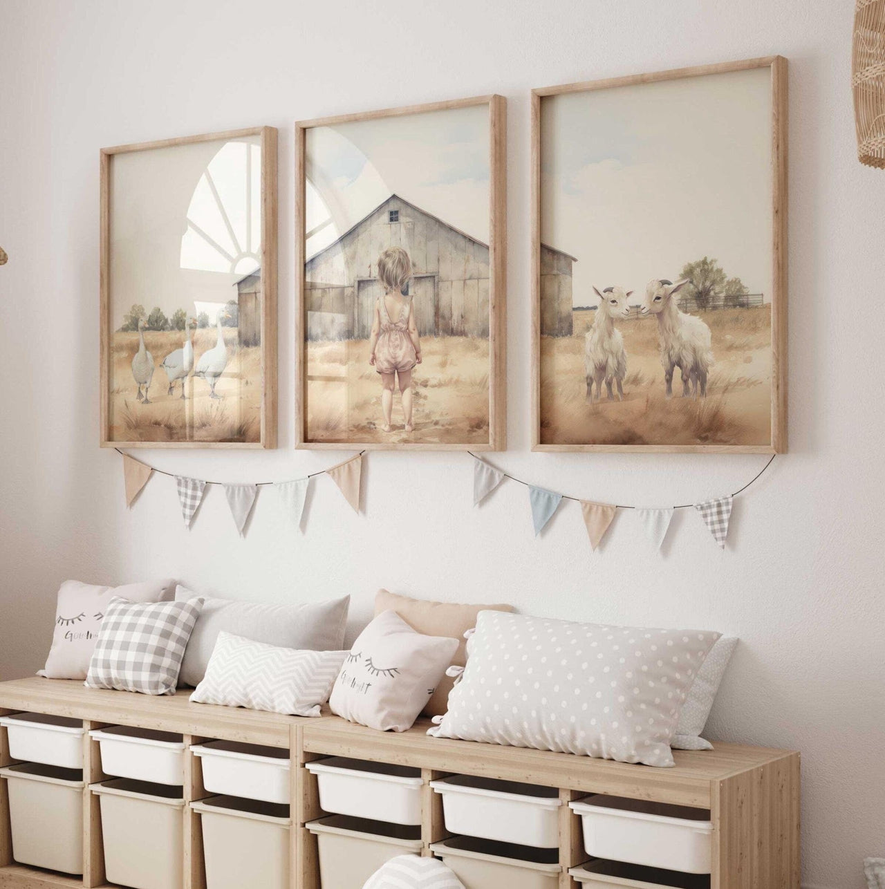 Goat and Goose Wall Art – Farm Nursery Print for Girls • Set of 3