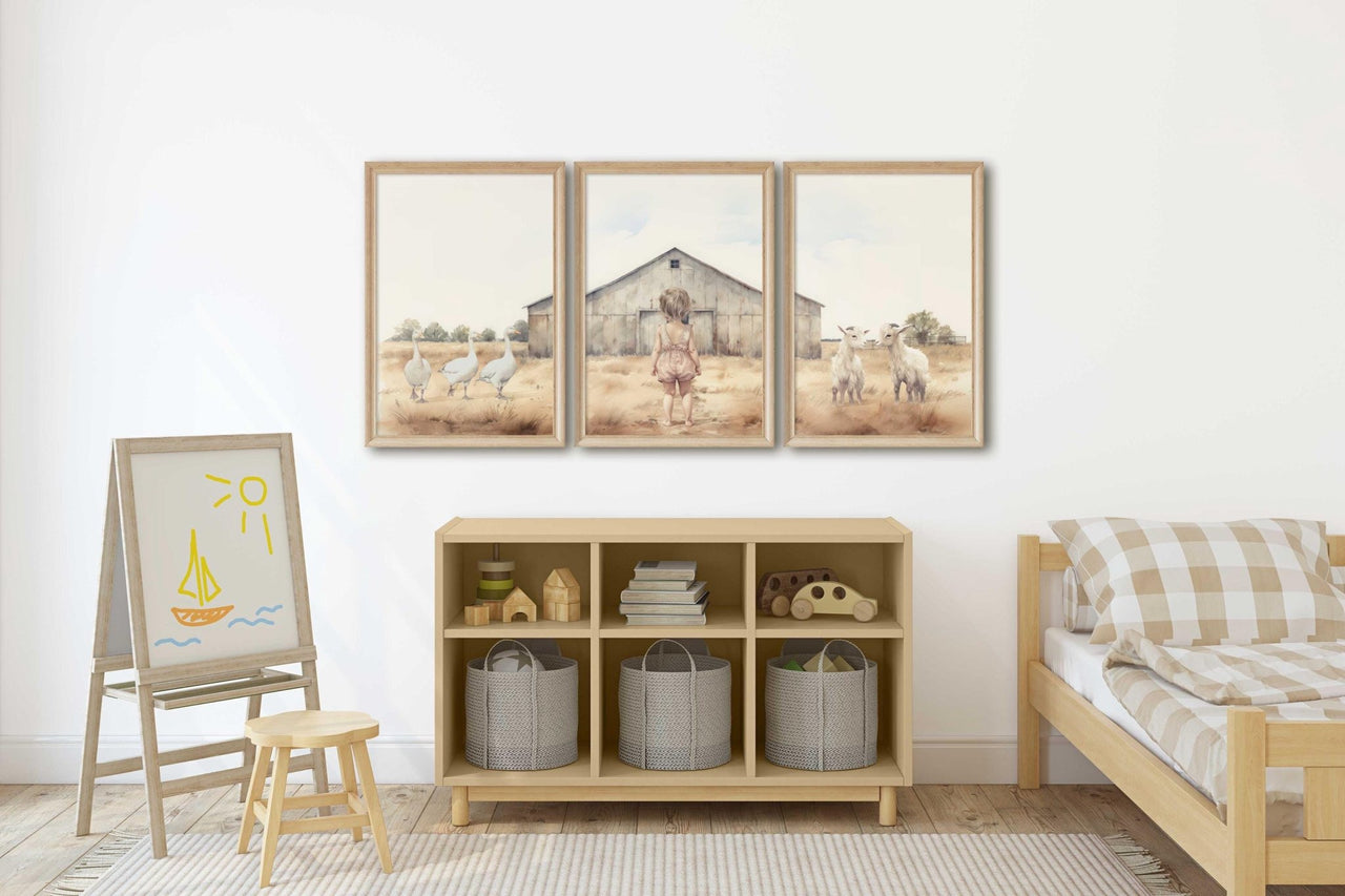 Goat and Goose Wall Art – Farm Nursery Print for Girls • Set of 3