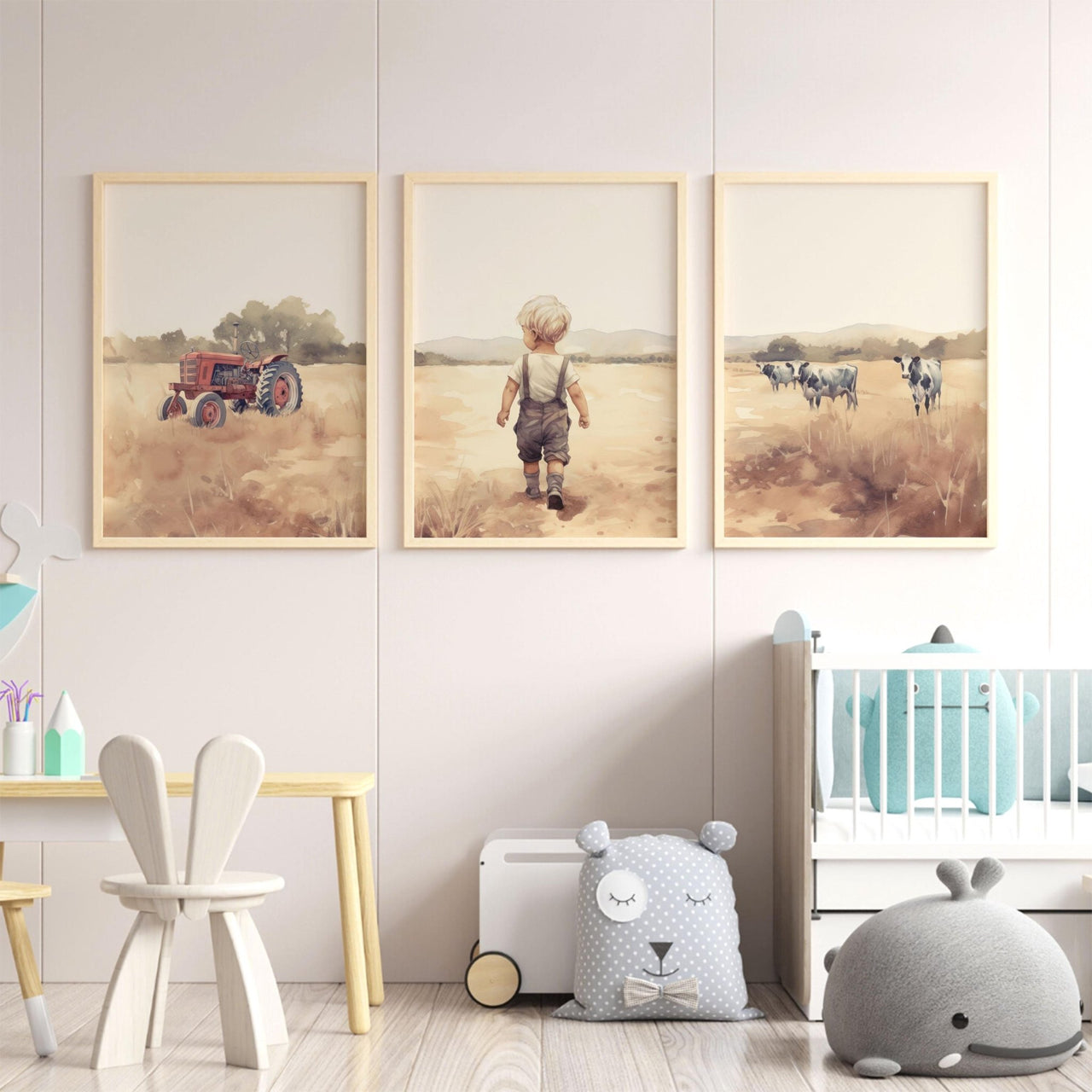 Vintage Tractor Wall Art – Farm Nursery Print for Boys • Set of 3