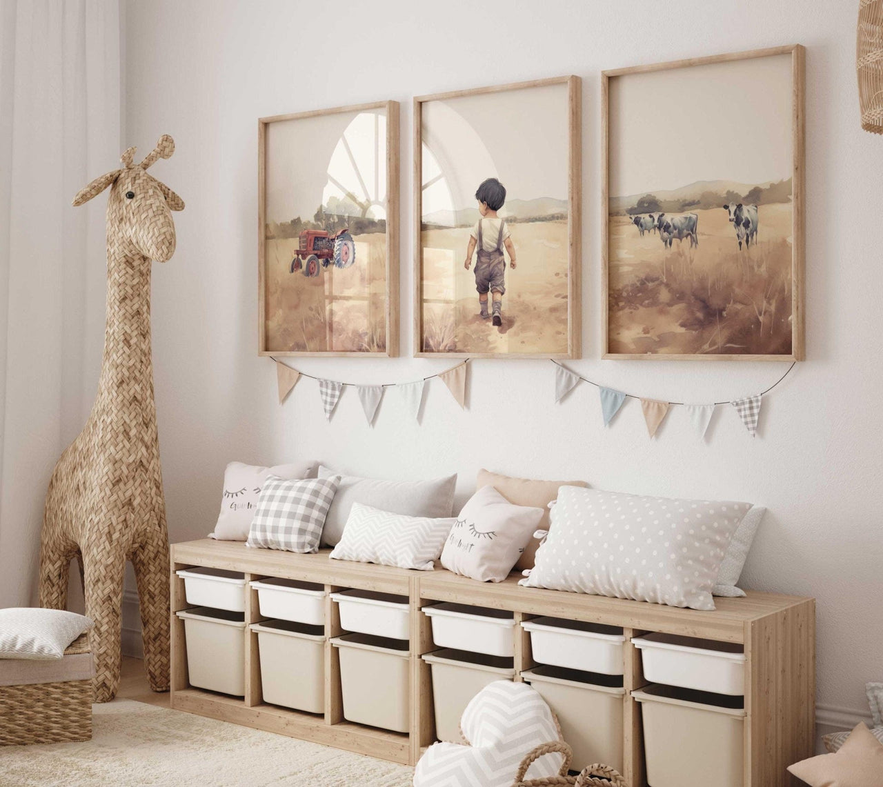Cow & Tractor Wall Art – Farm Boys Room Prints • Set of 3