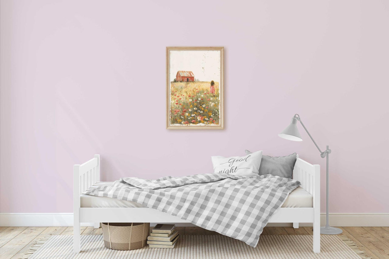 Girl in Wildflower Field Print – Farm Nursery Wall Art for Girls