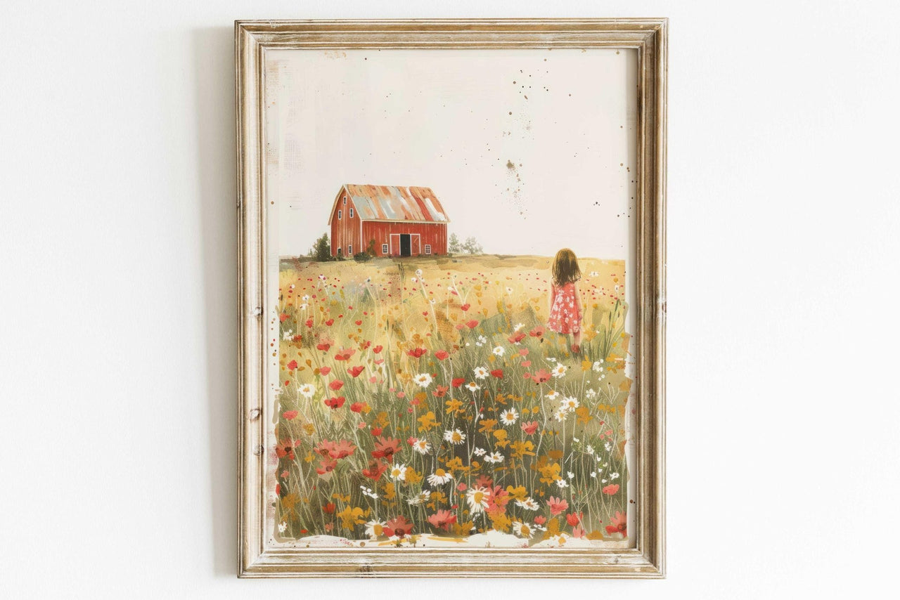 Girl in Wildflower Field Print – Farm Nursery Wall Art for Girls