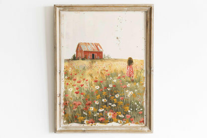 Farm Nursery Decor Girl, Red Barn Painting, Country Wall Decor, Wildflower Field Art, Farmhouse Nursery, Set of 3, Printable Country Art - My Store
