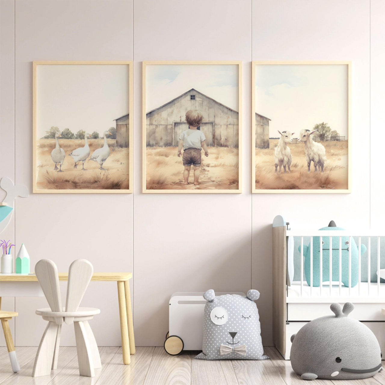 Goats & Geese Wall Art – Farm Boys Room Print • Set of 3