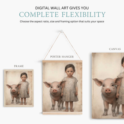Farmhouse Animal Nursery Decor, Vintage Pig & Girl Wall Art - WildfieldPrints